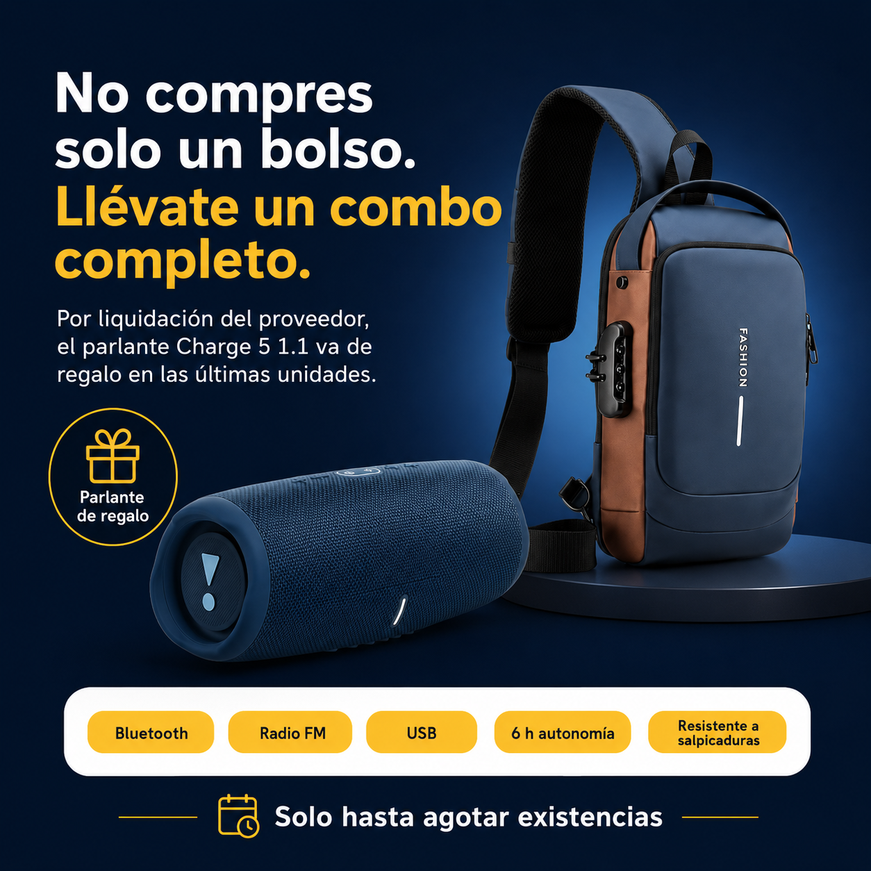 🔥 LIQUIDACIÓN DE STOCK: BOLSO ANTIRROBO MINI 37CM + PARLANTE CHARGE 5 1.1 DE REGALO