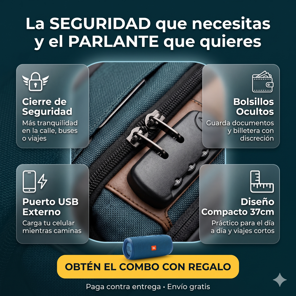 🔥 LIQUIDACIÓN DE STOCK: BOLSO ANTIRROBO MINI 37CM + PARLANTE CHARGE 5 1.1 DE REGALO